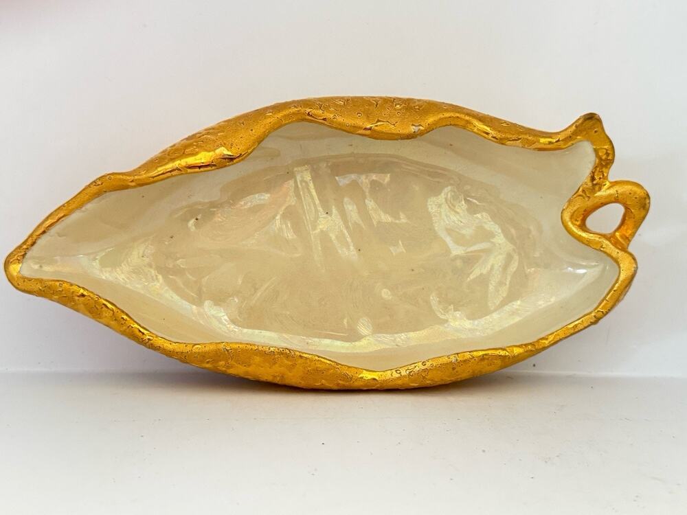 Vintage Weeping Gold Leaf Dish Painted Ceramic 22K GOLD Mother of Pearl 9”